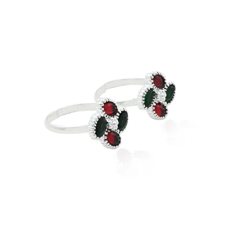 Red and Green Gems Silver Toe Ring