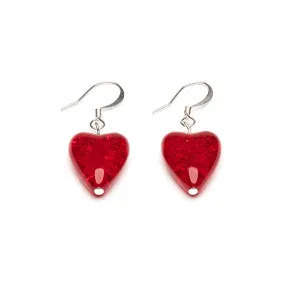 Red Crackle Glass Heart Earrings