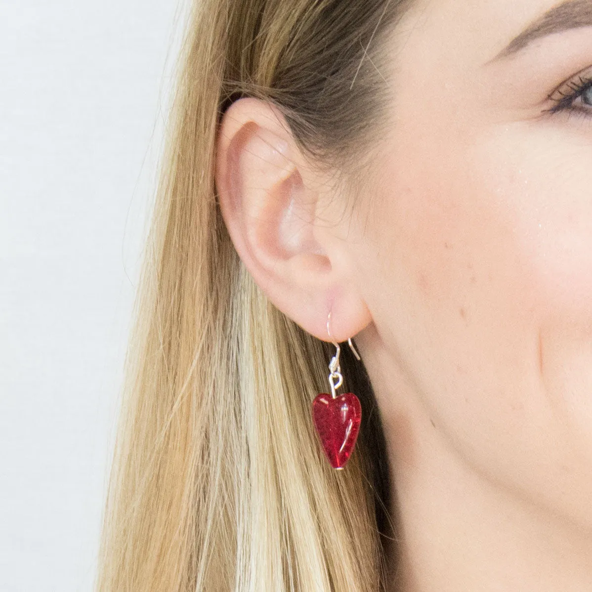 Red Crackle Glass Heart Earrings