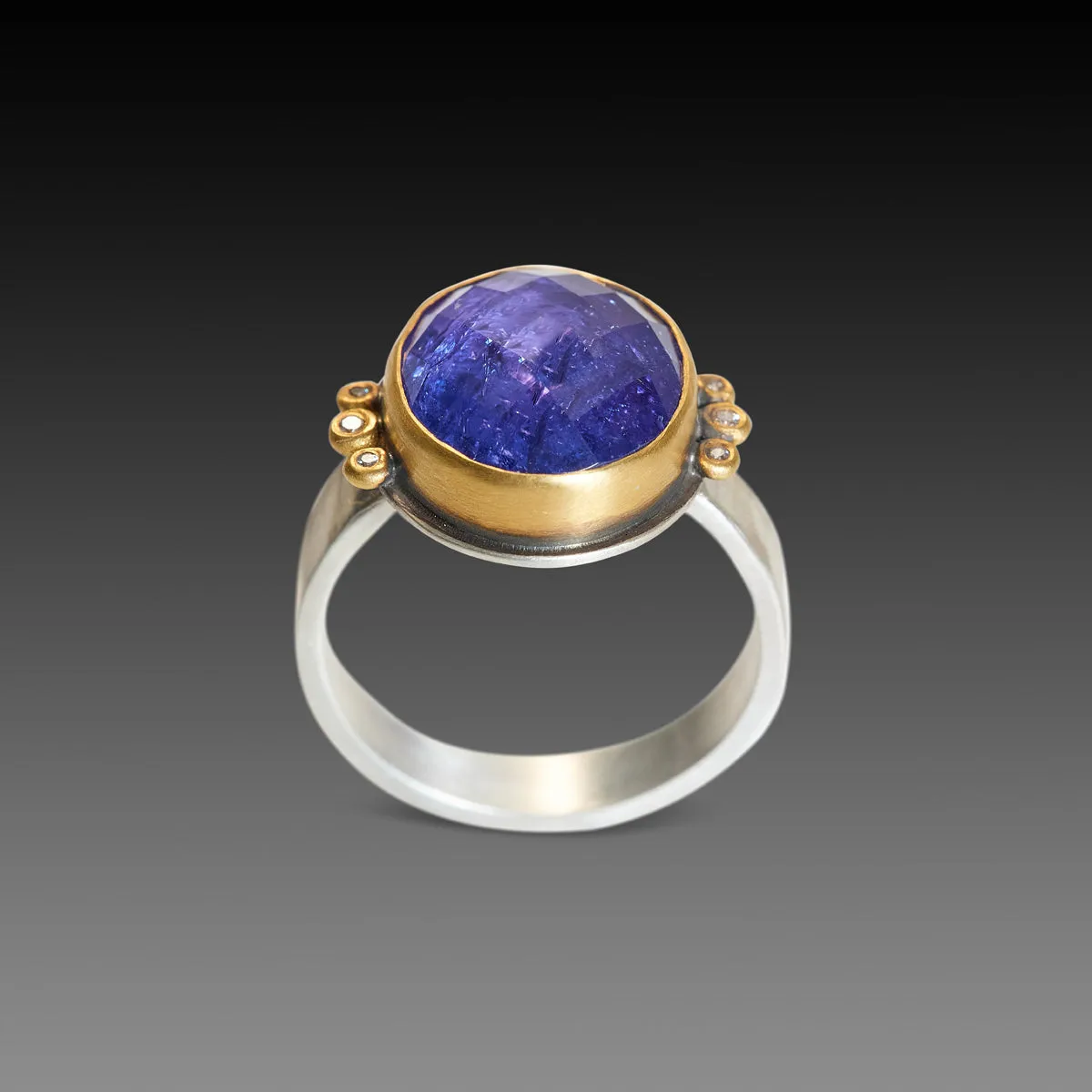 Rose Cut Tanzanite Ring with Diamond Trios