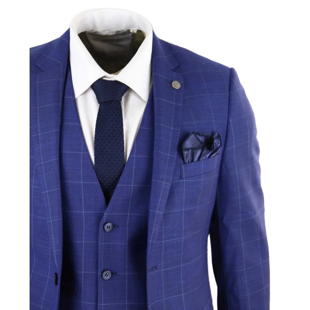 Rover - Men's 3 Piece Suit Royal Blue Prince Of Wales Check Suit Classic Wedding Formal