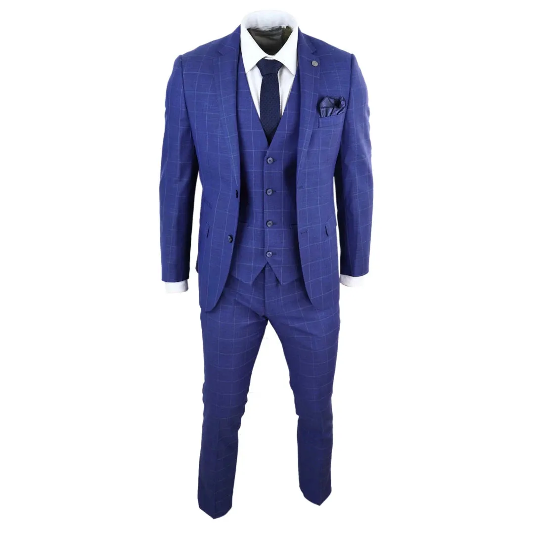 Rover - Men's 3 Piece Suit Royal Blue Prince Of Wales Check Suit Classic Wedding Formal