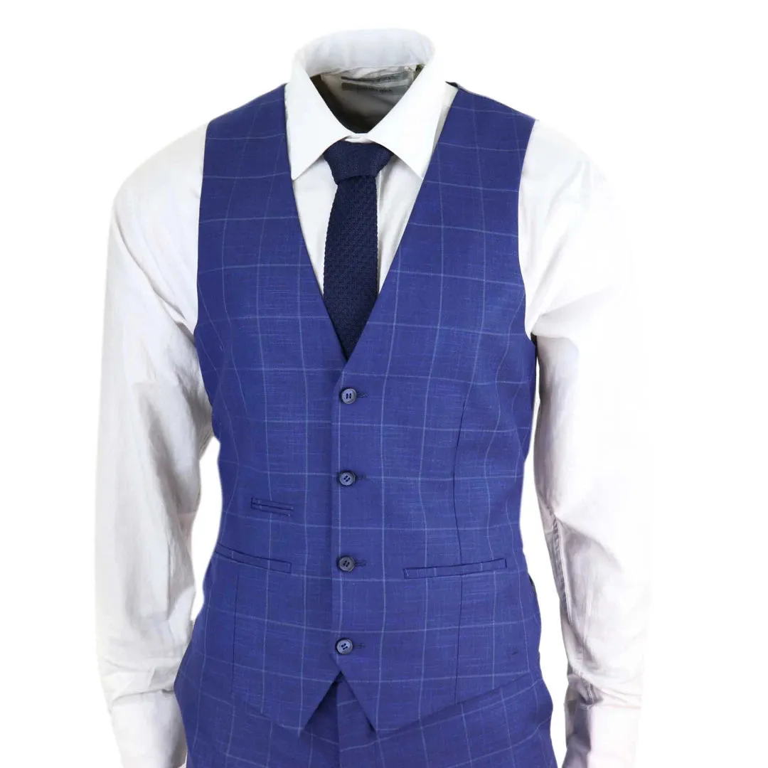 Rover - Men's 3 Piece Suit Royal Blue Prince Of Wales Check Suit Classic Wedding Formal