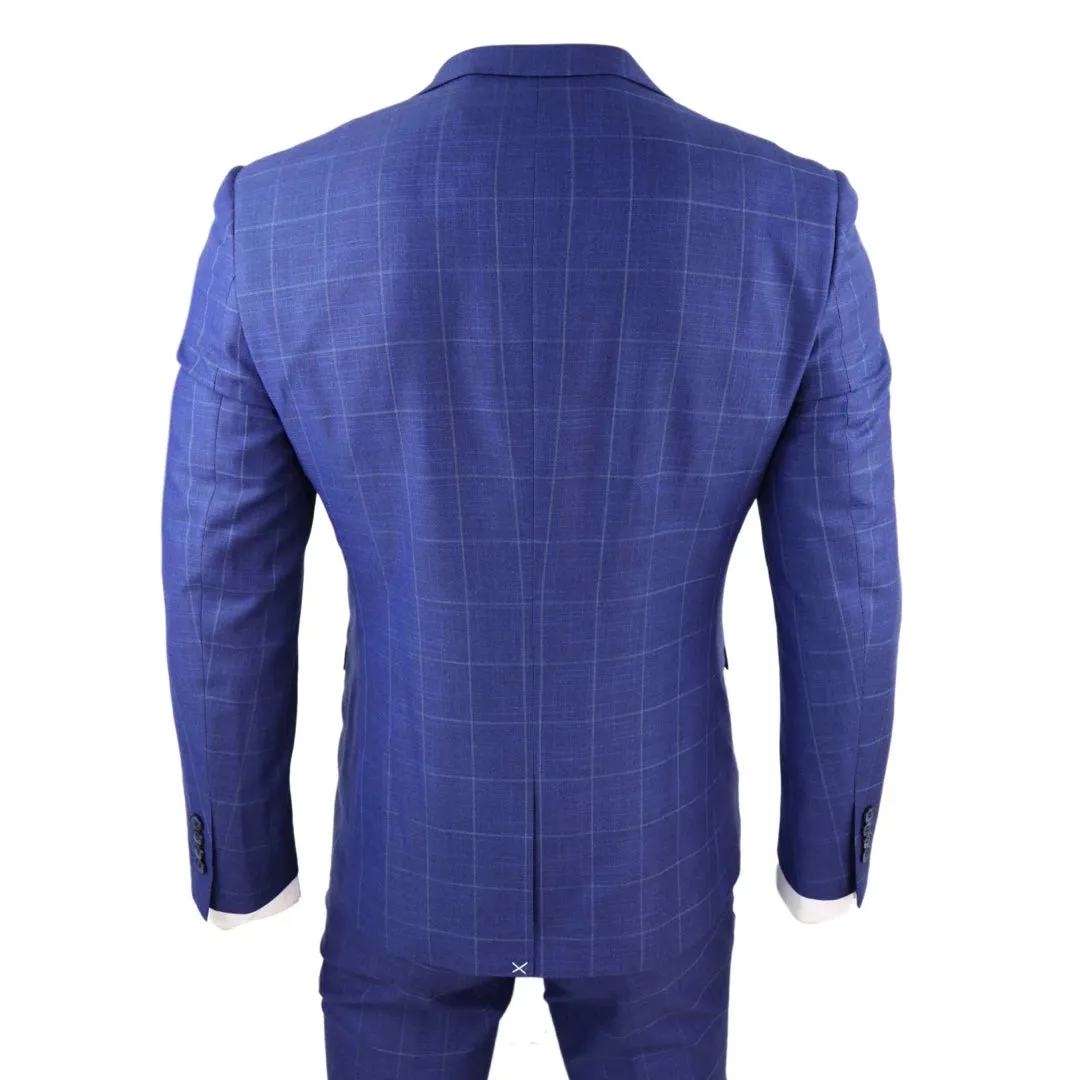 Rover - Men's 3 Piece Suit Royal Blue Prince Of Wales Check Suit Classic Wedding Formal