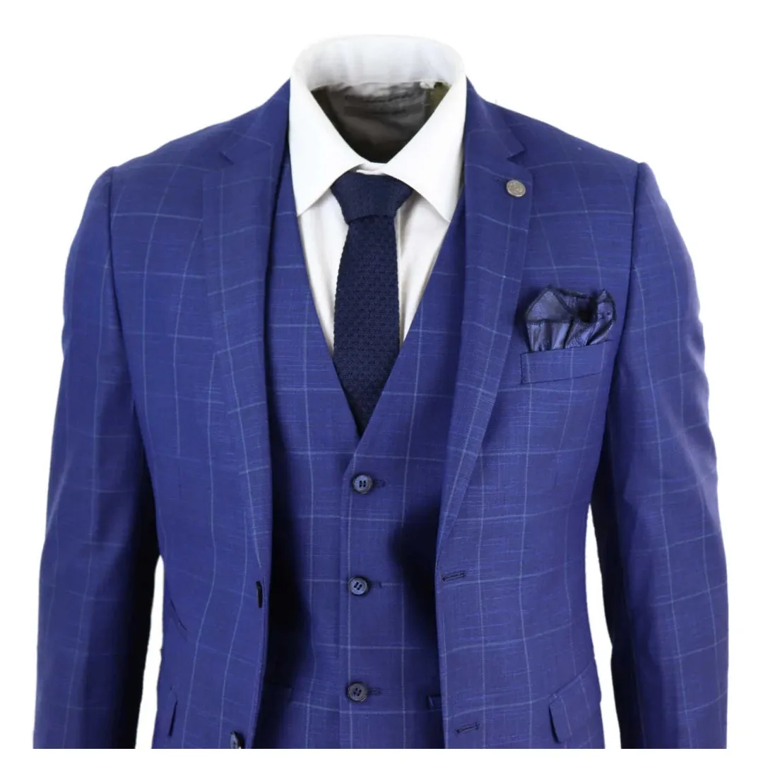 Rover - Men's 3 Piece Suit Royal Blue Prince Of Wales Check Suit Classic Wedding Formal