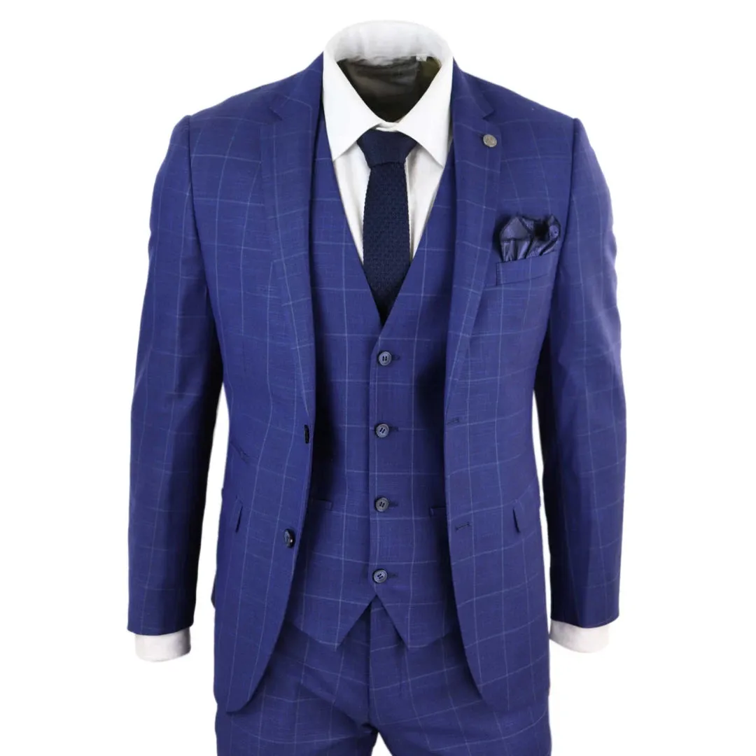 Rover - Men's 3 Piece Suit Royal Blue Prince Of Wales Check Suit Classic Wedding Formal