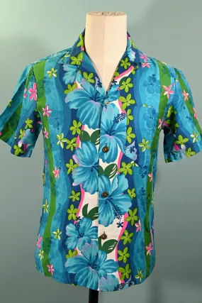 Royal Hawaiian Vintage 60s Flower Power Aloha Shirt, Loop Collar Hawaiian Shirt S