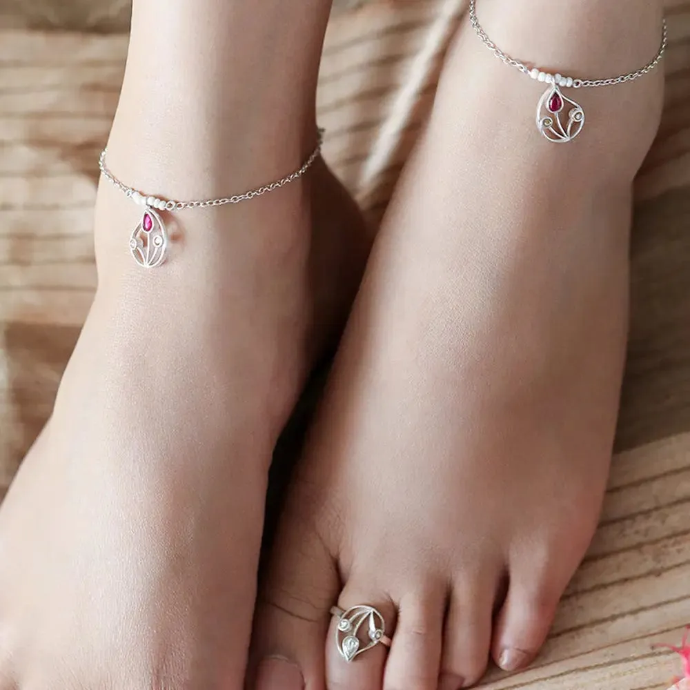 Silver 92.5 Aam Ras Red Anklet