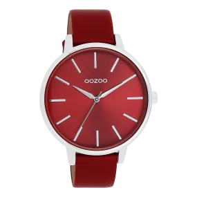 Silver coloured OOZOO watch with dahlia red leather strap - C11299