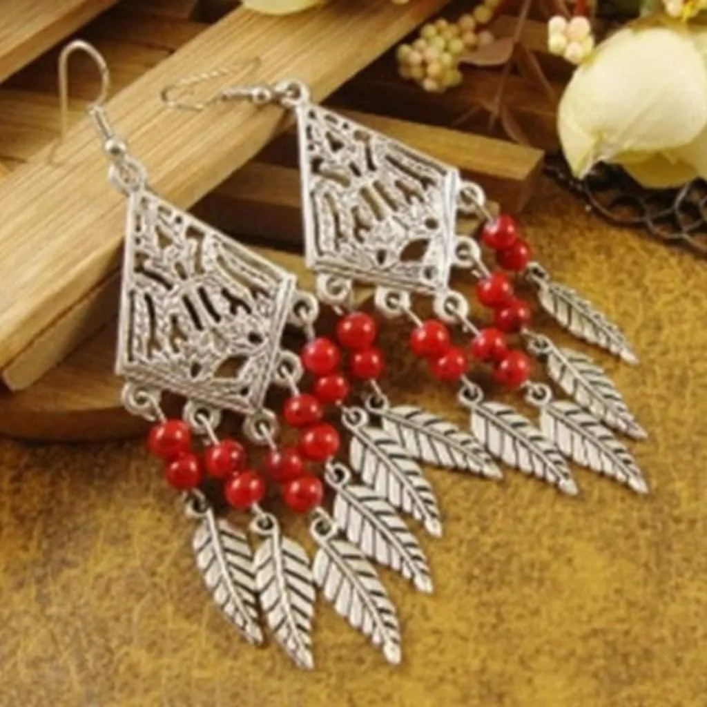 Silver Leaves and Red Beaded Chandelier Earrings