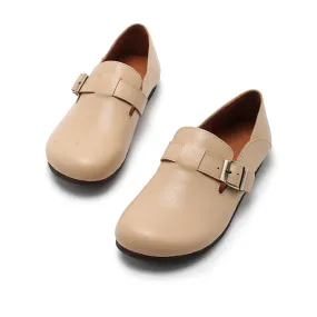 Soft Leather Flat Slip on Loafers for Women Buckle-fastening Monk Shoes in Beige/Apricot/Black