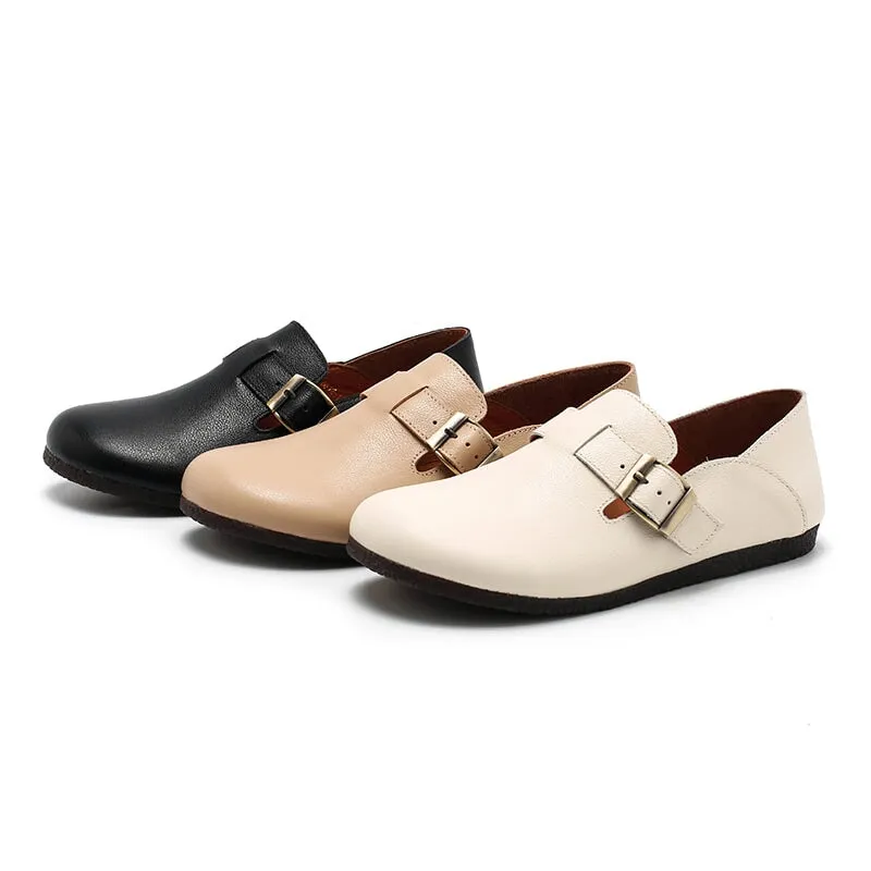 Soft Leather Flat Slip on Loafers for Women Buckle-fastening Monk Shoes in Beige/Apricot/Black