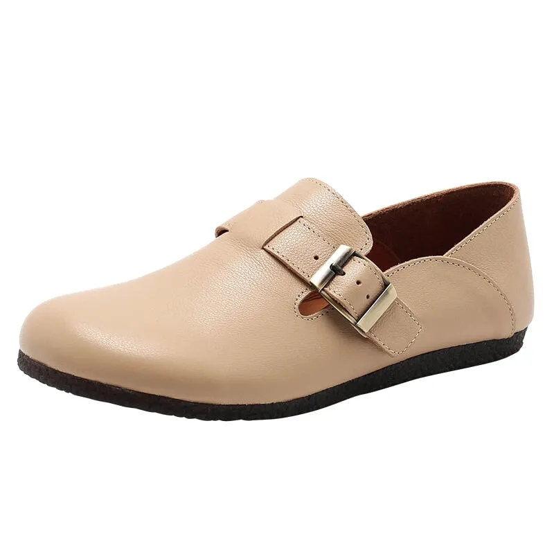 Soft Leather Flat Slip on Loafers for Women Buckle-fastening Monk Shoes in Beige/Apricot/Black