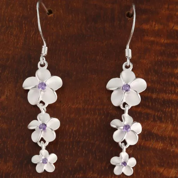 Sterling Silver 10-8-6mm Plumeria with Purple CZ Hook Earrings