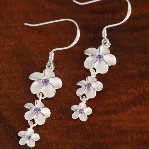 Sterling Silver 10-8-6mm Plumeria with Purple CZ Hook Earrings