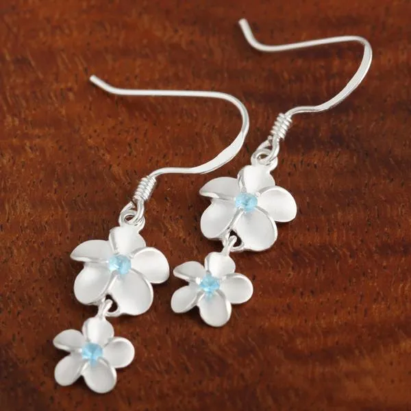 Sterling Silver 10-8mm Plumeria with Blue CZ Hook Earrings