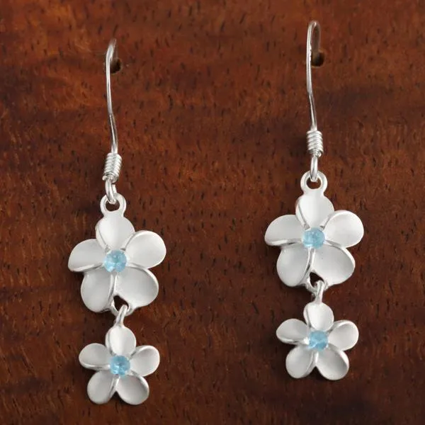 Sterling Silver 10-8mm Plumeria with Blue CZ Hook Earrings