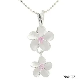 Sterling Silver 10-8mm Plumeria with Pink CZ Sandblast Finish Pendant (Chain Sold Separately)