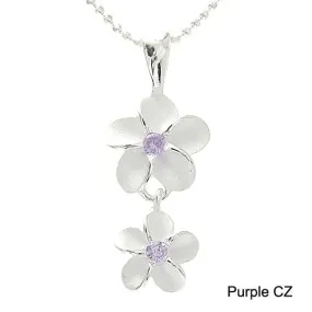 Sterling Silver 10-8mm Plumeria with Purple CZ Sandblast Finish Pendant (Chain Sold Separately)