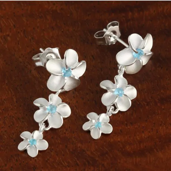 Sterling Silver 12-10-8mm Plumeria with Blue CZ Post Earrings