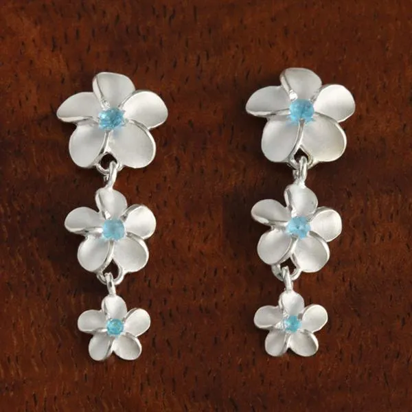 Sterling Silver 12-10-8mm Plumeria with Blue CZ Post Earrings