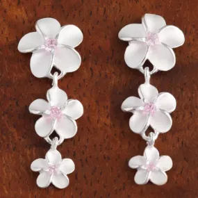 Sterling Silver 12-10-8mm Plumeria with Pink CZ Post Earrings