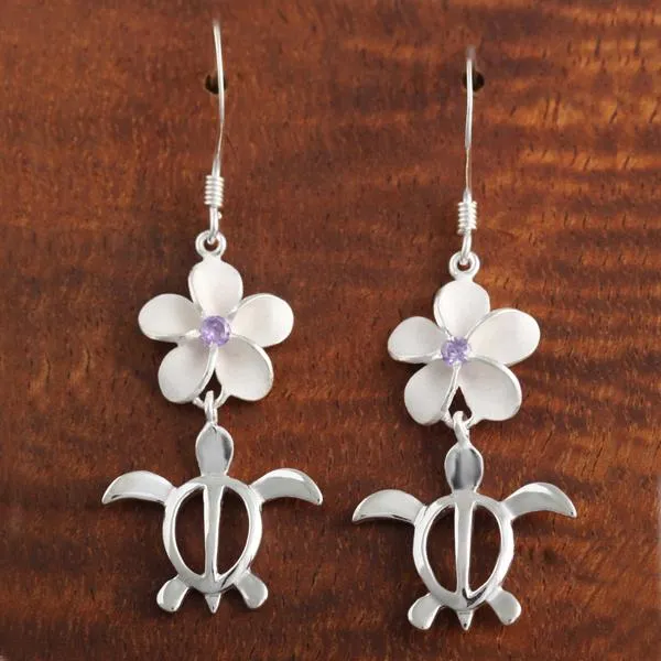 Sterling Silver 12mm Plumeria with Purple CZ and Honu (Hawaiian Turtle) Hook Earrings