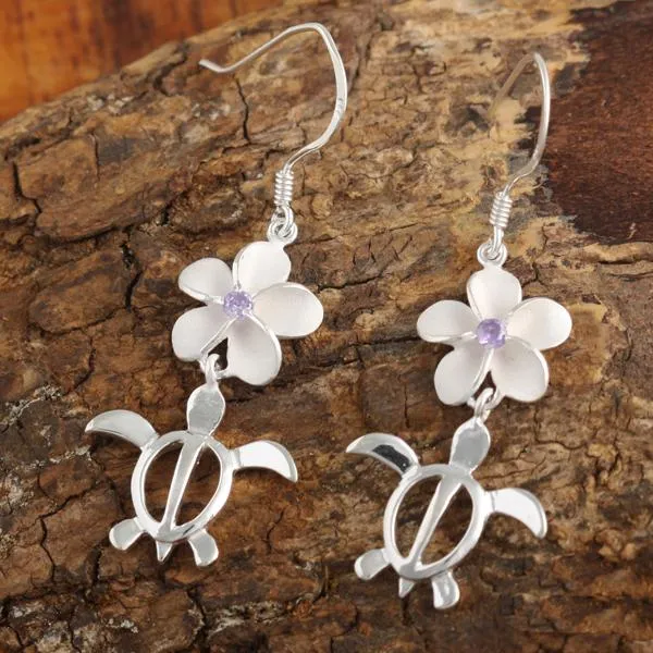 Sterling Silver 12mm Plumeria with Purple CZ and Honu (Hawaiian Turtle) Hook Earrings