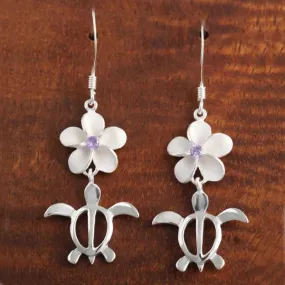 Sterling Silver 12mm Plumeria with Purple CZ and Honu (Hawaiian Turtle) Hook Earrings