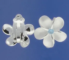 Sterling Silver 18mm Plumeria with Blue CZ Sandblast Clip Earrings