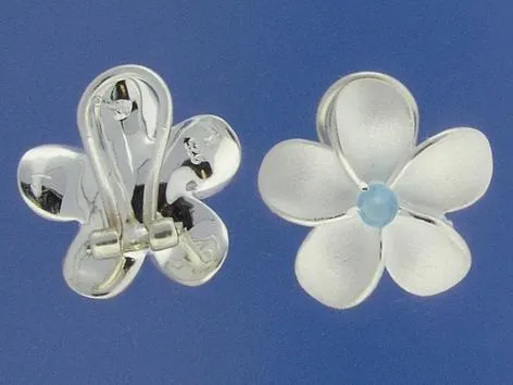 Sterling Silver 18mm Plumeria with Blue CZ Sandblast French Clip Earrings