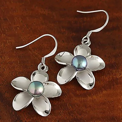 Sterling Silver 20mm Plumeria with Fresh Water Pearl Hook Earrings