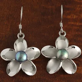 Sterling Silver 20mm Plumeria with Fresh Water Pearl Hook Earrings