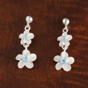 Sterling Silver 6-8mm Plumeria with Blue CZ and Bead Post Earrings