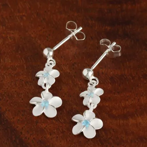 Sterling Silver 6-8mm Plumeria with Blue CZ and Bead Post Earrings