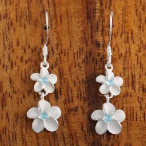 Sterling Silver 6-8mm Plumeria with Blue CZ Hook Earrings