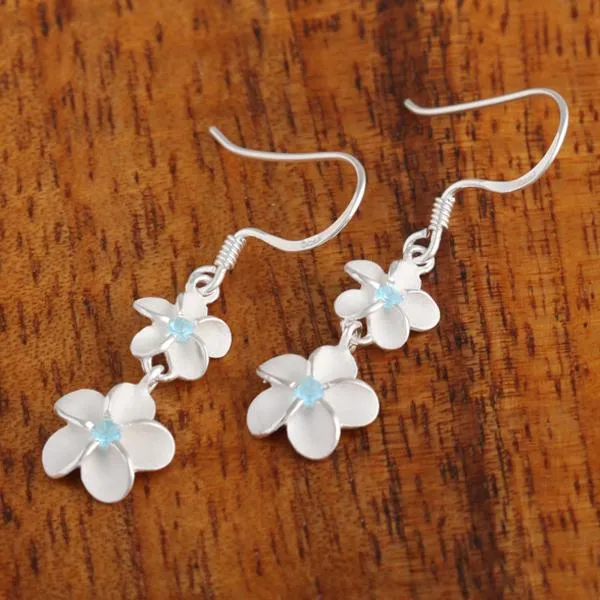 Sterling Silver 6-8mm Plumeria with Blue CZ Hook Earrings