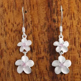 Sterling Silver 6-8mm Plumeria with Pink CZ Hook Earrings