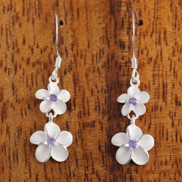 Sterling Silver 6-8mm Plumeria with Purple CZ Hook Earrings