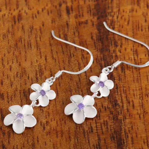 Sterling Silver 6-8mm Plumeria with Purple CZ Hook Earrings