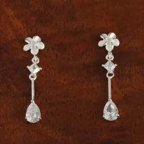 Sterling Silver 6mm Plumeria and Drop CZ Post Earrings