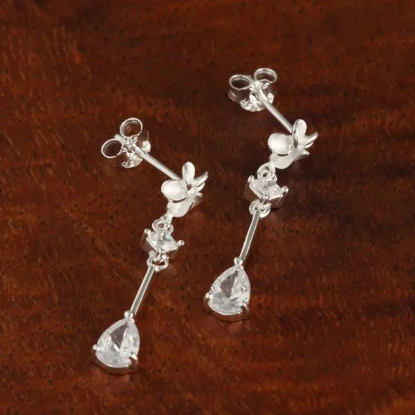 Sterling Silver 6mm Plumeria and Drop CZ Post Earrings