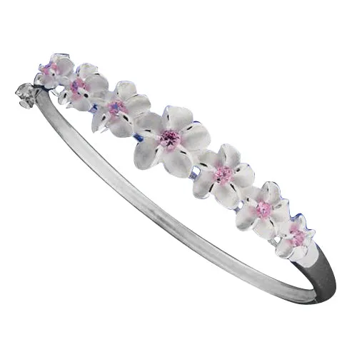 Sterling Silver 7 Plumeria with CZ Open Bangle