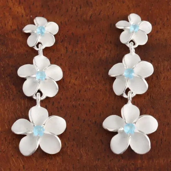 Sterling Silver 8-10-12mm Plumeria with Blue CZ Post Earrings