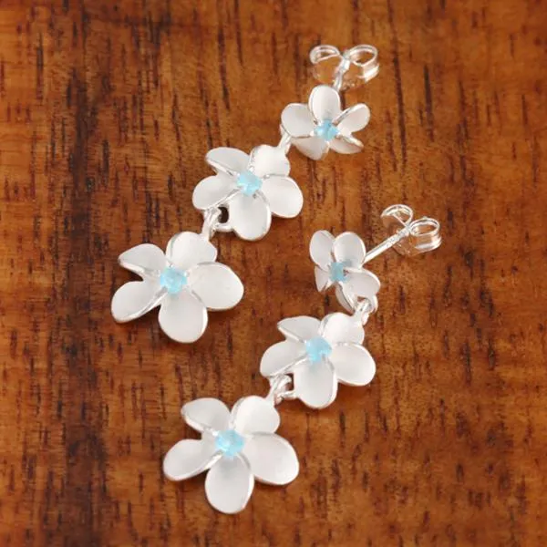 Sterling Silver 8-10-12mm Plumeria with Blue CZ Post Earrings