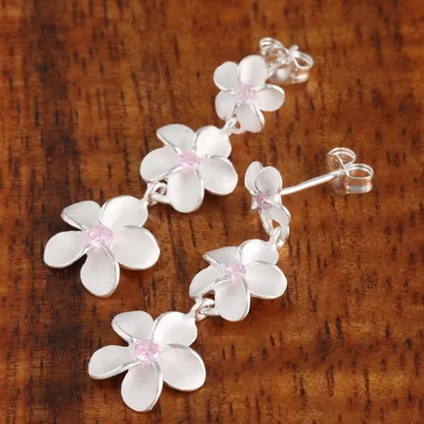 Sterling Silver 8-10-12mm Plumeria with Pink CZ Post Earrings