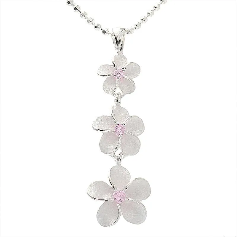 Sterling Silver 8-10-12mm Plumeria with Pink CZ Sandblast Finish Pendant (Chain Sold Separately)