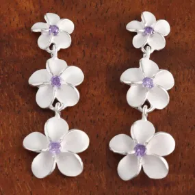 Sterling Silver 8-10-12mm Plumeria with Purple CZ Post Earrings