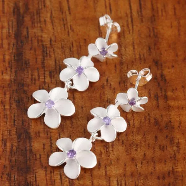 Sterling Silver 8-10-12mm Plumeria with Purple CZ Post Earrings