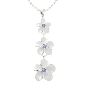 Sterling Silver 8-10-12mm Plumeria with Purple CZ Sandblast Finish Pendant (Chain Sold Separately)